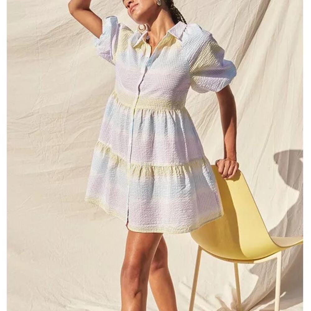 Saylor Tressie Dress S Seersucker Pastel Striped Puff Sleeve Tiered Button Up